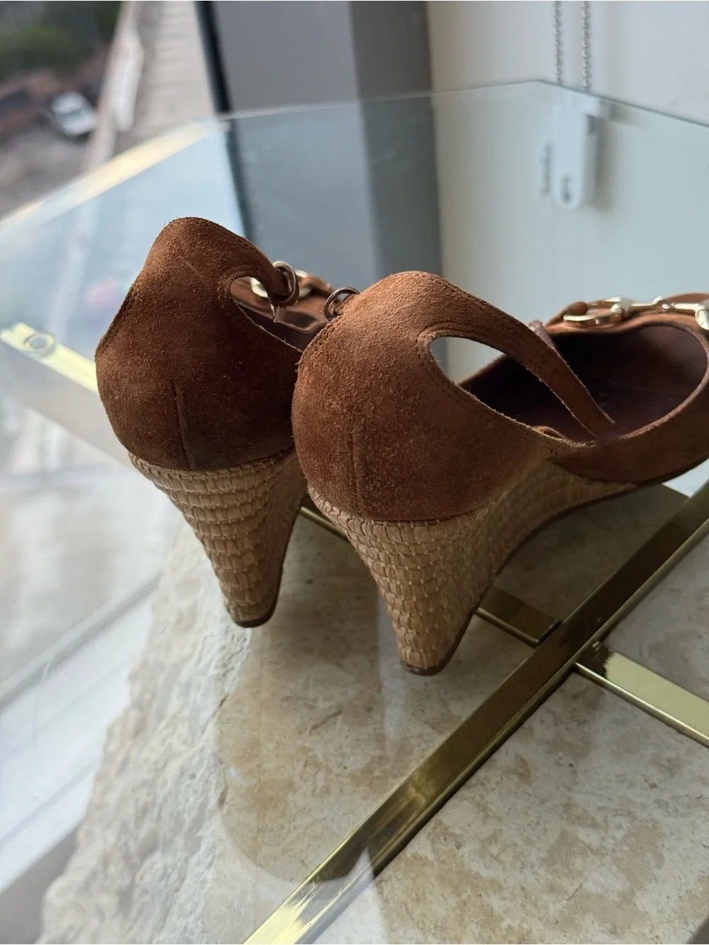 Gucci Brown Suede Peep-Toe Wedge Sandals with Gold US 7.5